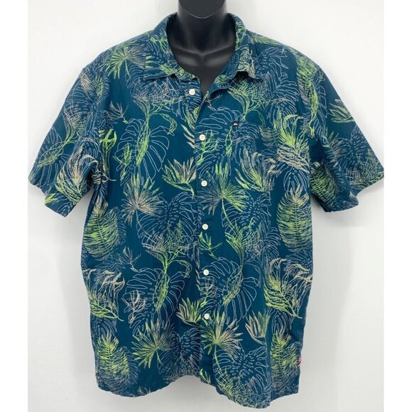 Quicksilver Size Large Short Sleeve Men Button Up Shirt Blue Green Floral Aloha - Picture 1 of 6
